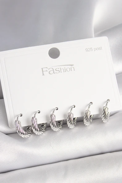 925 Ayar Gümüş Çivi Pirinç Gümüş Renk İşlemeli Halka Model Kadın Küpe Seti - TJ-BKP10410 ürün görseli 1