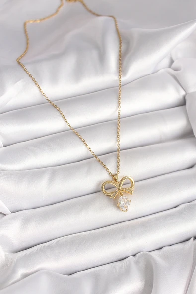 316L Çelik Gold Renk Zincir Zirkon Taşlı Kurdele Model Kadın Kolye - TJ-BKO9960 - Resim 2