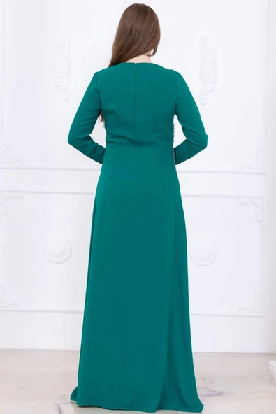 Taş Desenli Krep Abiye Elbise 2738-Zümrüt Yeşili - 6