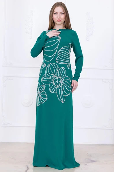 Taş Desenli Krep Abiye Elbise 2738-Zümrüt Yeşili