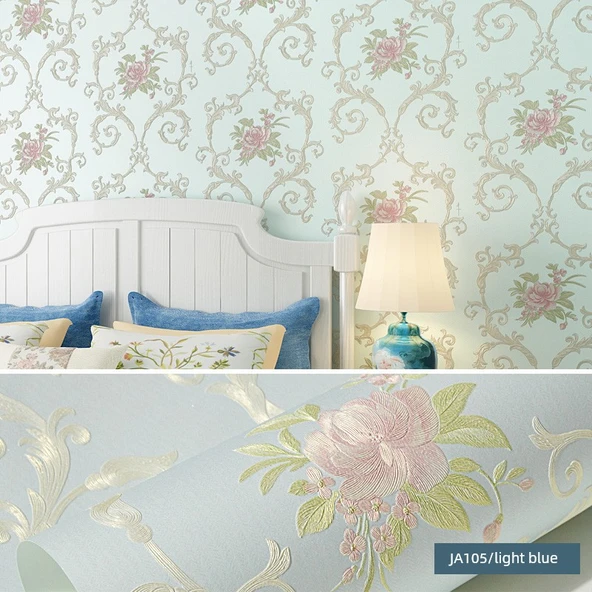 Retro Pastoral Avrupa 3D Çiçek Duvar Kağıdı - Açık Mavi-3 - 53cm x 3m