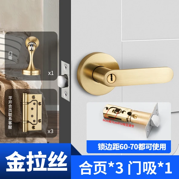 Küresel Kapı Kilidi - Altın Tel Çizimi + 3 Altın Hinge + Kapı Emici - 35-50mm Kapı Kalınlığı