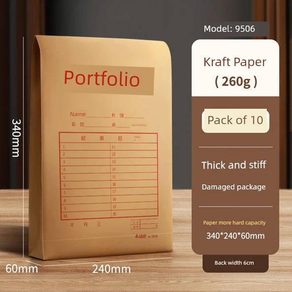 Belgeler için Kraft Kağıt Zarf - 260g - 6cm Arka Genişlik - 10 Paket