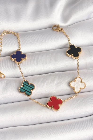 316L Çelik Gold Renk Renkli Yonca Model Kadın Bileklik - TJ-BB6878
