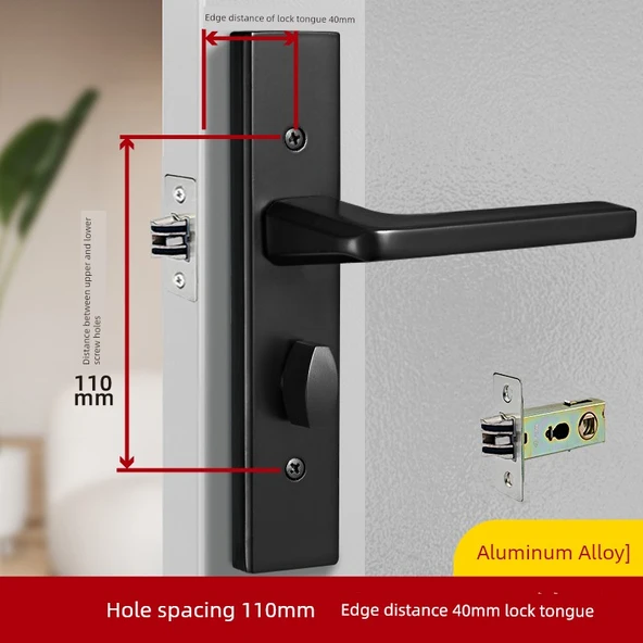 Evrensel Sessiz Banyo Kapı Kilidi - 3-5 Siyah 110mm Delik Mesafesi 40mm Kilit Kenar Mesafesi Su Geçirmez