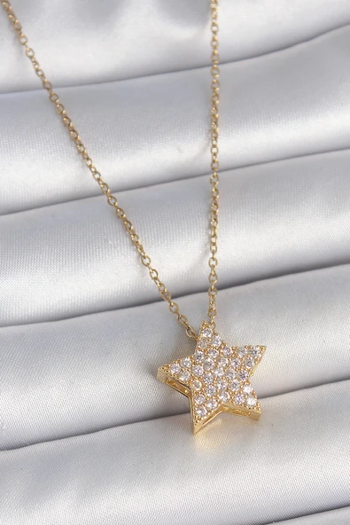 316L Çelik Gold Renk Zincir Zirkon Taşlı Yıldız Model Kadın Kolye - TJ-BKO10041 ürün görseli