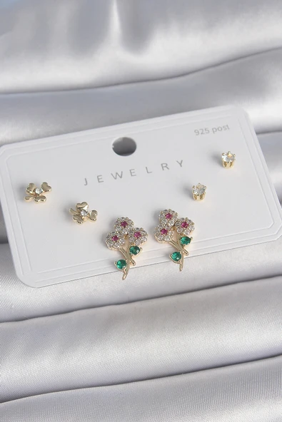 Pirinç Gold Renk Renkli Zirkon Taşlı Çiçek Model Yaprak Detay 925 Ayar Gümüş Çivi Kadın Küpe Seti - TJ-BKP10486 ürün görseli 1