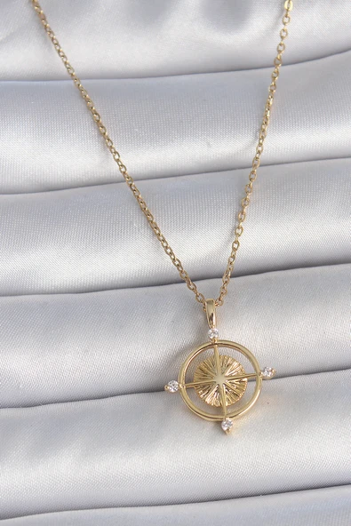 316L Çelik Gold Renk Zincir Zirkon Taşlı Pusula Model Kadın Kolye - TJ-BKO10039 ürün görseli