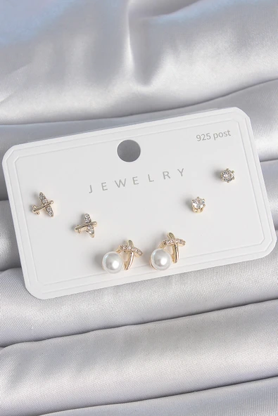 Pirinç Gold Renk Zirkon Taşlı Kelebek Model İnci Detay 925 Ayar Gümüş Çivi Kadın Küpe Seti - TJ-BKP10478 ürün görseli