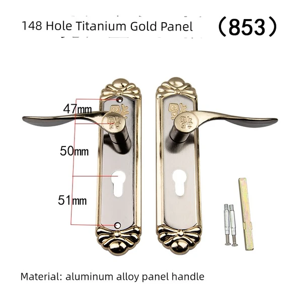 Kapı Kilidi Kolu Seti - 148 Delik Titanyum Altın Panel (853) - 35-45mm Kapı - Anahtarsız