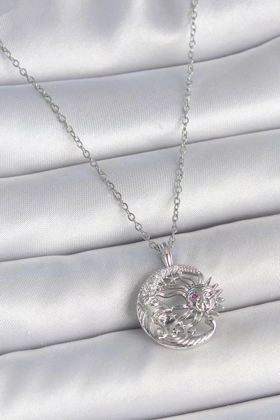 316L Çelik Gümüş Renk Zincir Ay Güneş Model Zirkon Taş Detay Kadın Kolye - TJ-BKO10056 ürün görseli