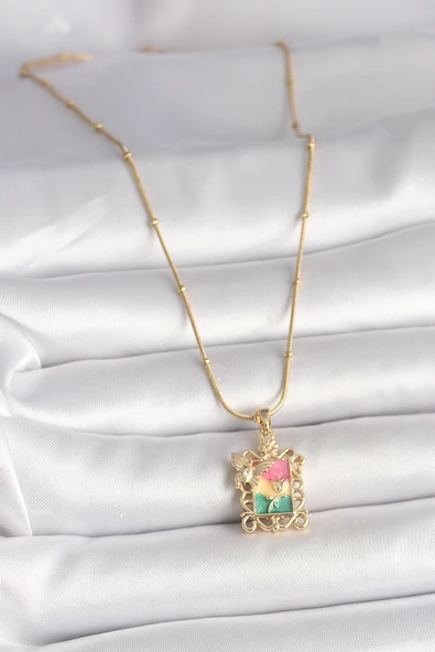 316L Çelik Gold Renk Renkli Zirkon Taşlı Kelebek İşlemeli Portre Model Kadın Kolye - TJ-BKO10024 - Resim 2