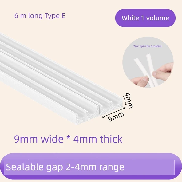 Kapı Çarpma Önleyici Conta Beyaz E Tipi 9mm Genişlik 4mm Kalınlık 6m