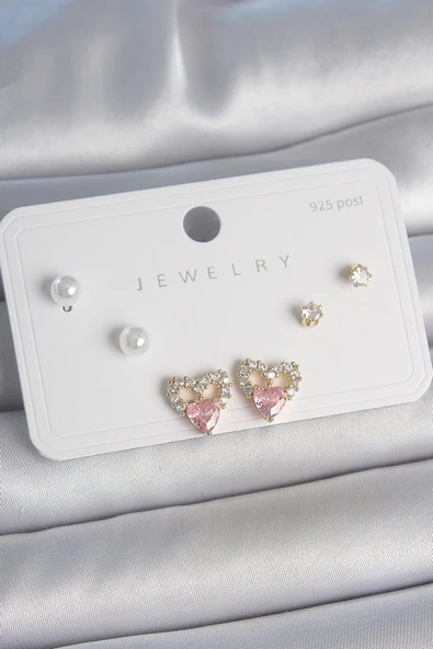 Pirinç Gold Renk Pembe Zirkon Taşlı Kalp Model İnci Detay 925 Ayar Kadın Küpe Seti - TJ-BKP10488 ürün görseli 1