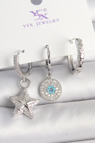 Pirinç Gold Renk Zirkon Taşlı Yıldız Model Nazar Boncuk Detay 3'Lü Kadın Kombin Küpe - TJ-BKP10446 ürün görseli