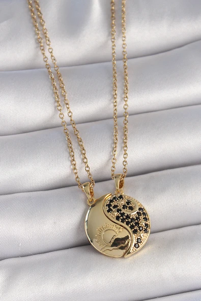 316L Çelik Gold Renk Zincir Zirkon Taşlı Ying Yang Model Gün Batımı İşlemeli Arkadaşlık Kadın Kolye - TJ-BKO10029 ürün görseli