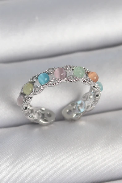 Pirinç Gümüş Renk Renkli Mineli Ayarlanabilir Kadın Yüzük - TJ-BYK3746 ürün görseli