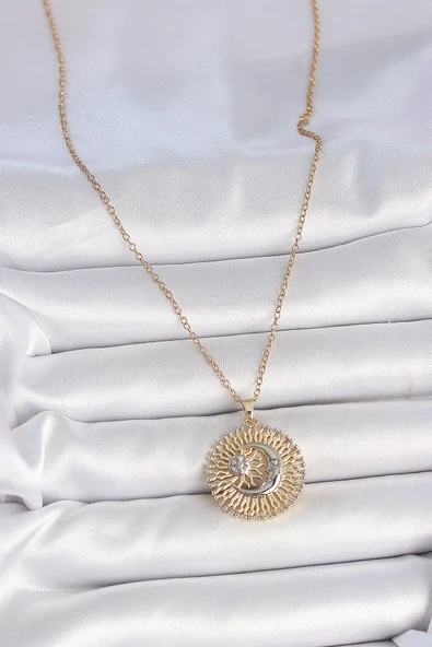 316L Çelik Gold Renk Mix Renk Ay Güneş Model Kadın Kolye - TJ-BKO10095 - Resim 2