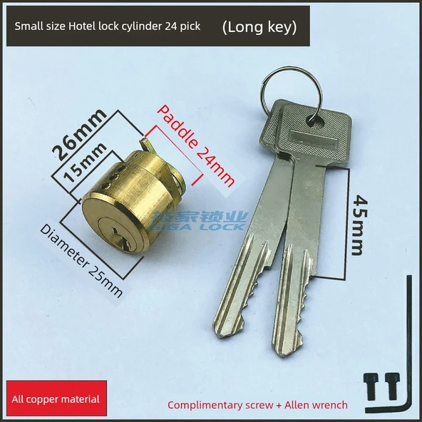 Otel Kapı Kilidi Silindiri - Küçük Boy 24mm Palet [2 Uzun anahtar]