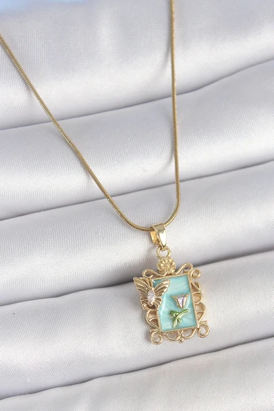 316L Çelik Gold Renk Zincir Mavi Mineli Çiçek İşlemeli Zirkon Taşlı Kelebek Detay Portre Model Kadın Kolye - TJ-BKO10189 ürün görseli 1