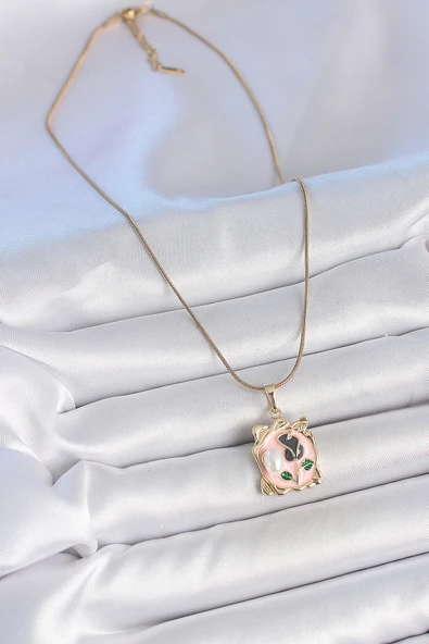 316L Çelik Gold Renk Zincir Pembe Mineli Çiçek İşlemli İnci Detay Portre Model Kadın Kolye - TJ-BKO10185 - Resim 2