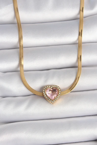 316L Çelik Gold Renk İtalyan Zincir Pembe Zirkon Taşlı Kalp Model Kadın Kolye - TJ-BKO10120 ürün görseli