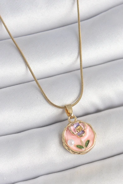 316L Çelik Gold Renk Zincir Pembe Minimal Çiçek İşlemeli İnci Detay Portre Model Kadın Kolye - TJ-BKO10129 ürün görseli 1