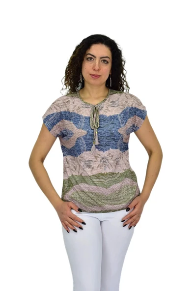 Kadın Kısa Kol Baskılı Bluz BGL-ST04694 - Resim 2