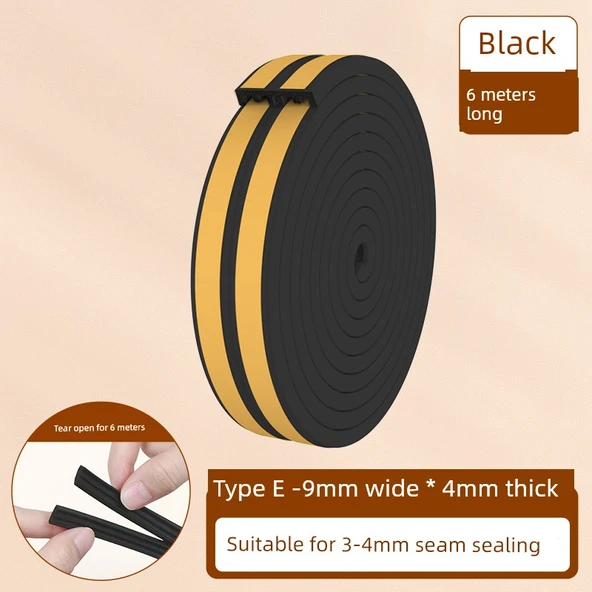 Ses Yalıtım Contası - 6 m Uzunluk - E Tipi - Siyah (9mm Genişlik * 4mm Kalınlık)