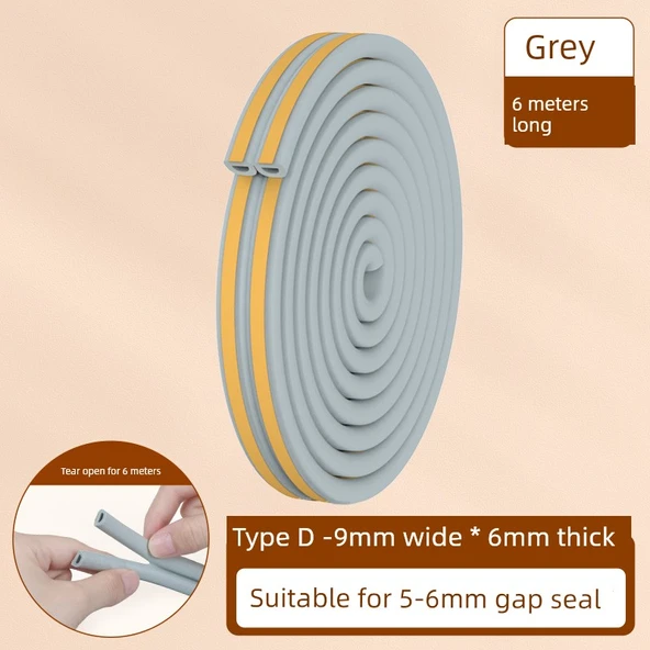 Ses Yalıtım Contası - 6 m Uzunluk - D Tipi - Gri (9mm Genişlik * 6mm Kalınlık)