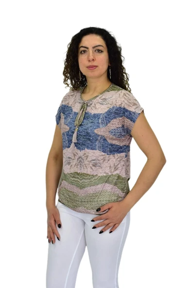 Kadın Kısa Kol Baskılı Bluz BGL-ST04694 - Resim 3