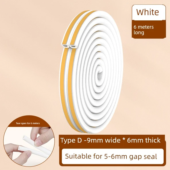 Ses Yalıtım Contası - 6 m Uzunluk - D Tipi - Beyaz (9mm Genişlik * 6mm Kalınlık)