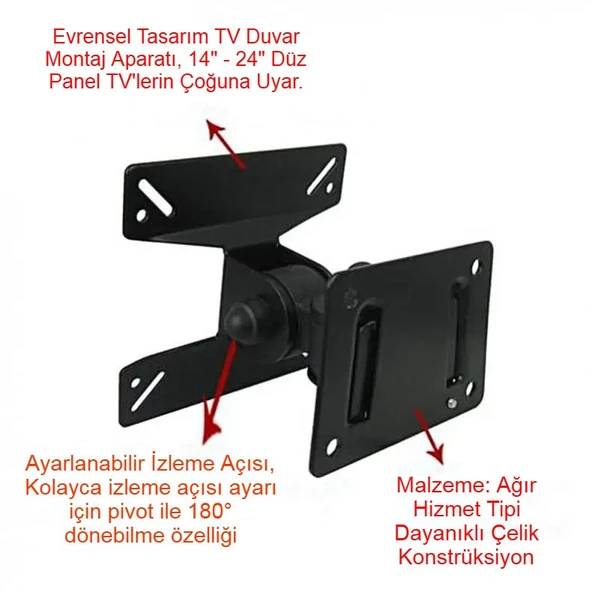 TV Askı Aparatı 14-24 Inc, Döner, Siyah - 5