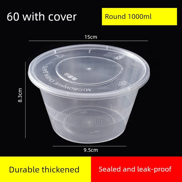 Şeffaf Yuvarlak Plastik Tek Kullanımlık Öğle Yemeği Kutusu - 1000ml Yuvarlak Kase - 60 Adet