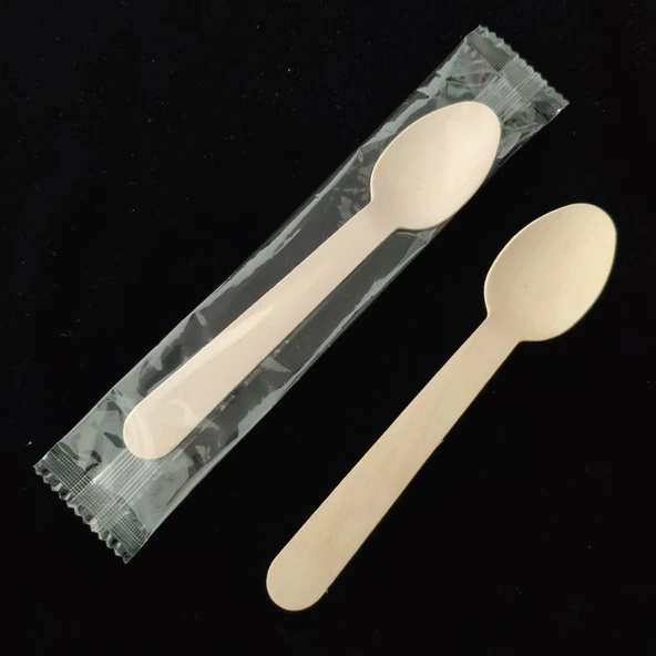 Ekolojik Tek Kullanımlık Ahşap Çatal Bıçak Seti - Kahverengi Kağıt Sarılı 10.5cm Ahşap Çatal Kaşık (100 Adet) - 12
