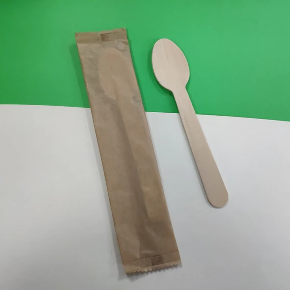 Ekolojik Tek Kullanımlık Ahşap Çatal Bıçak Seti - 14cm Kahverengi Kağıt Sarılı Kaşık (100 Adet)