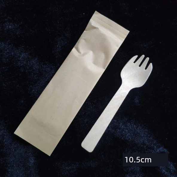 Ekolojik Tek Kullanımlık Ahşap Çatal Bıçak Seti - Kahverengi Kağıt Sarılı 10.5cm Ahşap Çatal Kaşık (100 Adet)