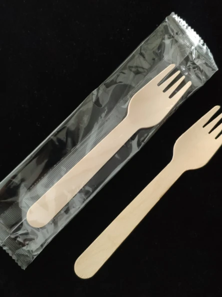 Ekolojik Tek Kullanımlık Ahşap Çatal Bıçak Seti - Tek Tek Sarılı 14cm Çatal (100 Adet) - 3