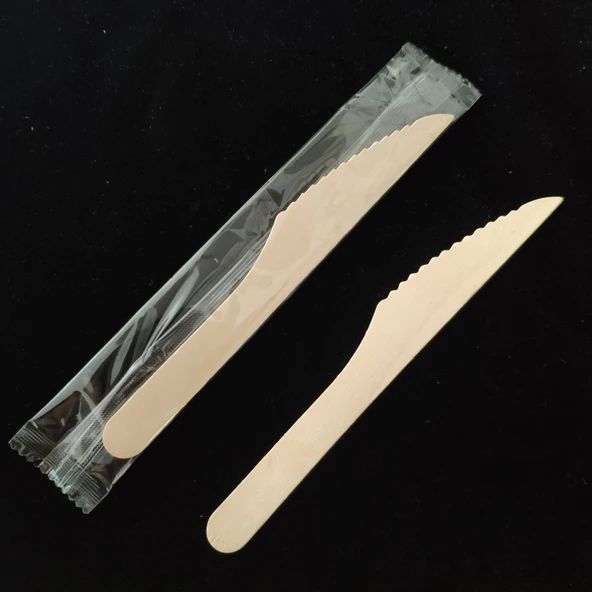 Ekolojik Tek Kullanımlık Ahşap Çatal Bıçak Seti - 16.5cm Kahverengi Kağıt Sarılı Bıçak (100 Adet) - 10
