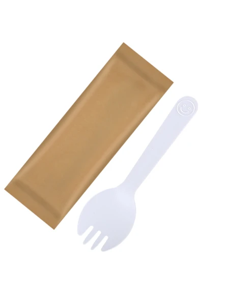 10.5cm Ahşap Çatal Kaşık Beyaz Kraft Kağıt Paketleme - 3