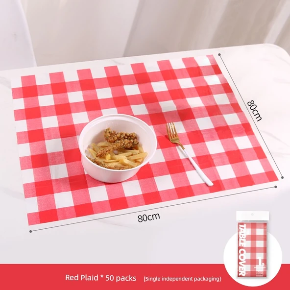 Tek Kullanımlık Masa Örtüsü Kağıt Yer Bezi - Kırmızı Beyaz - 80 x 80 cm - 50 Adet