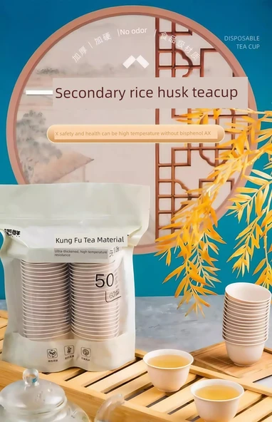 Tek Kullanımlık Pirinç Kabuğu Kung Fu Çay Fincanı - Krem Beyaz - 150 Adet - Resim 8