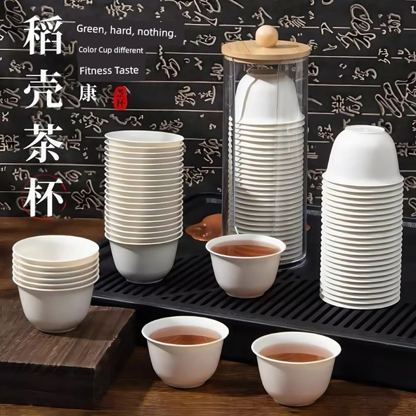 Tek Kullanımlık Pirinç Kabuğu Kung Fu Çay Fincanı - Krem Beyaz - 150 Adet - Resim 7