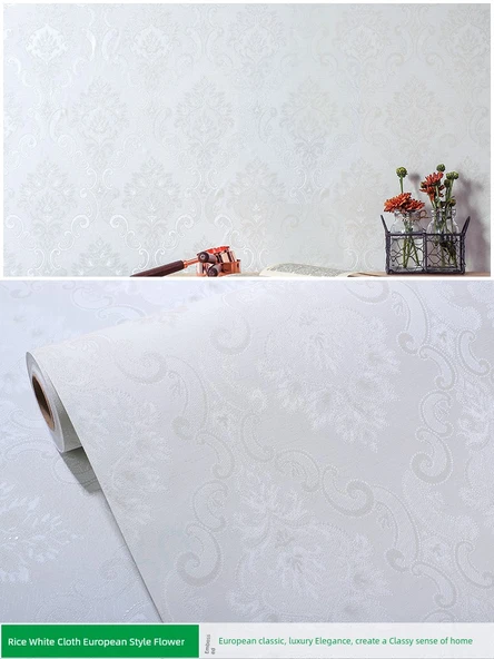 Nem Geçirmez Avrupa Tarzı PVC Duvar Kağıdı - Pirinç Beyazı Kumaş Avrupa Tarzı Çiçek - 60cm Genişlik X 5 Metre Uzunluk