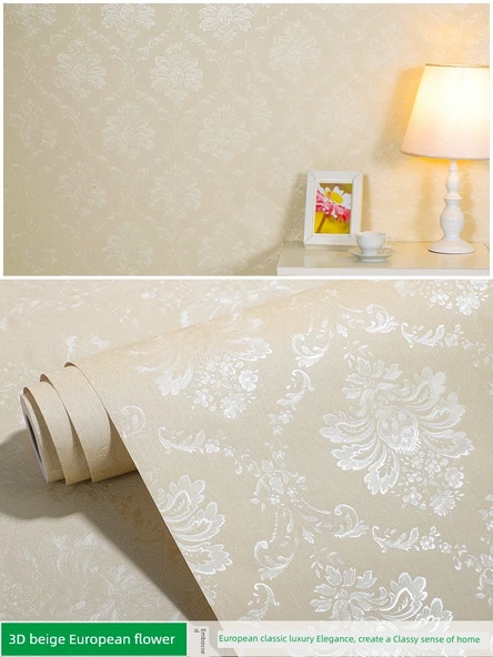 Nem Geçirmez Avrupa Tarzı PVC Duvar Kağıdı - 3D Bej Avrupa Çiçeği - 60cm Genişlik X 5 Metre Uzunluk