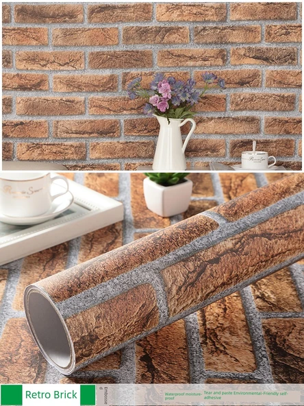 Nem Geçirmez Avrupa Tarzı PVC Duvar Kağıdı - Retro Tuğla - 60cm Genişlik X 5 Metre Uzunluk