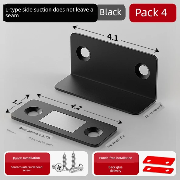 Paslanmaz Çelik Magnetik Kapı Kilidi - L Şeklinde Siyah 4 Paket - 35-50mm