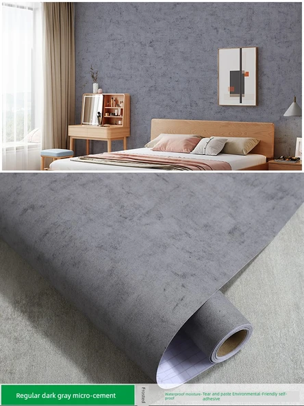 Nem Geçirmez Avrupa Tarzı PVC Duvar Kağıdı - Normal Koyu Gri Mikro Çimento - 60cm Genişlik X 5 Metre Uzunluk