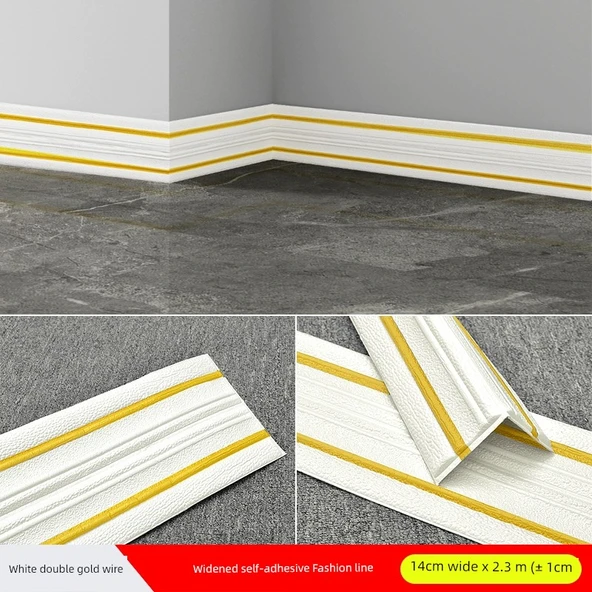 XPE Köpük 3D Duvar Trim Çizgisi - Saf Beyaz Çift Altın Çizgi 14cm x 2.3m