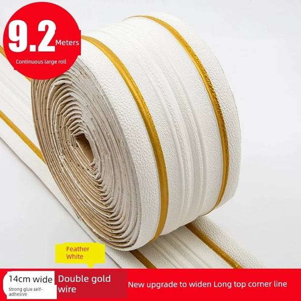 XPE Köpük 3D Duvar Trim Çizgisi - 9.2m Saf Beyaz Çift Altın Çizgi 14cm